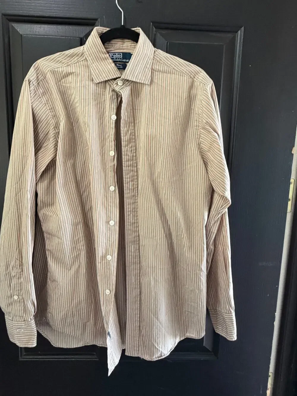Polo Ralph Lauren Shirt Size Large Beige White Striped Regent Classic Button-Up